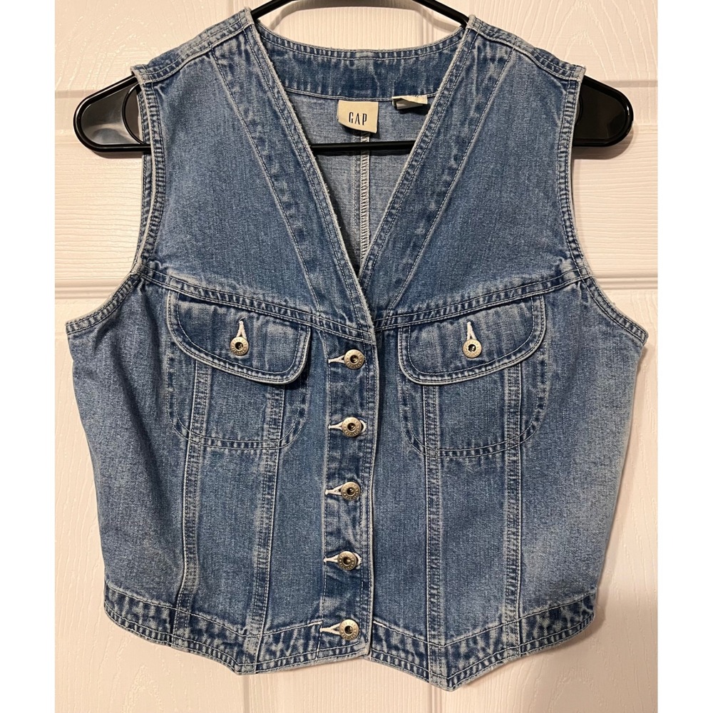 Vintage GAP Denim Vest Medium Wash Blue Button Front Cropped Cotton Womens M‎